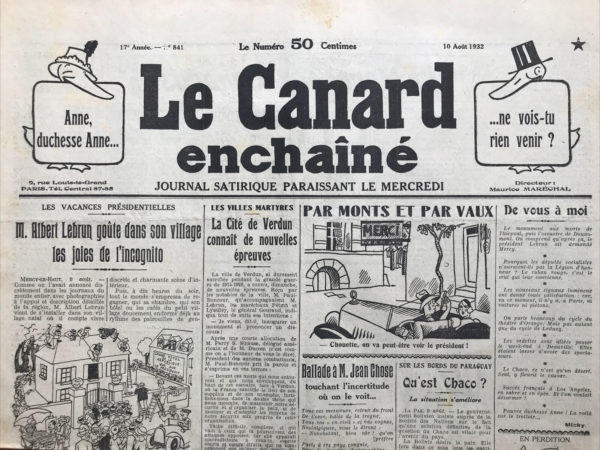 Couac ! | N° 841 du Canard Enchaîné - 10 Août 1932 | Nos Exemplaires du Canard Enchaîné sont archivés dans de bonnes conditions de conservation (obscurité, hygrométrie maitrisée et faible température), ce qui s'avère indispensable pour des journaux anciens. | 841