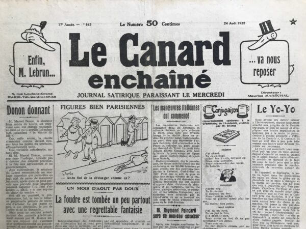 Couac ! | N° 843 du Canard Enchaîné - 24 Août 1932 | Nos Exemplaires du Canard Enchaîné sont archivés dans de bonnes conditions de conservation (obscurité, hygrométrie maitrisée et faible température), ce qui s'avère indispensable pour des journaux anciens. | 843 1