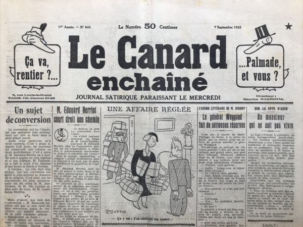 Couac ! | N° 845 du Canard Enchaîné - 7 Septembre 1932 | Nos Exemplaires du Canard Enchaîné sont archivés dans de bonnes conditions de conservation (obscurité, hygrométrie maitrisée et faible température), ce qui s'avère indispensable pour des journaux anciens. | 845