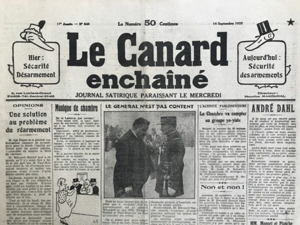 Couac ! | N° 846 du Canard Enchaîné - 14 Septembre 1932 | Nos Exemplaires du Canard Enchaîné sont archivés dans de bonnes conditions de conservation (obscurité, hygrométrie maitrisée et faible température), ce qui s'avère indispensable pour des journaux anciens. | 846