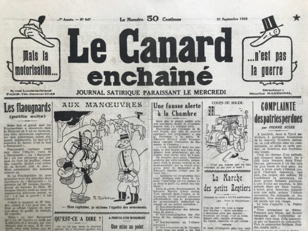 Couac ! | N° 847 du Canard Enchaîné - 21 Septembre 1932 | Nos Exemplaires du Canard Enchaîné sont archivés dans de bonnes conditions de conservation (obscurité, hygrométrie maitrisée et faible température), ce qui s'avère indispensable pour des journaux anciens. | 847