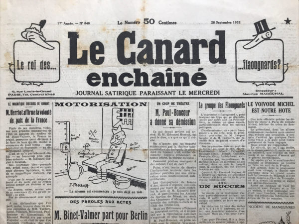 Couac ! | N° 848 du Canard Enchaîné - 28 Septembre 1932 | Nos Exemplaires du Canard Enchaîné sont archivés dans de bonnes conditions de conservation (obscurité, hygrométrie maitrisée et faible température), ce qui s'avère indispensable pour des journaux anciens. | 848