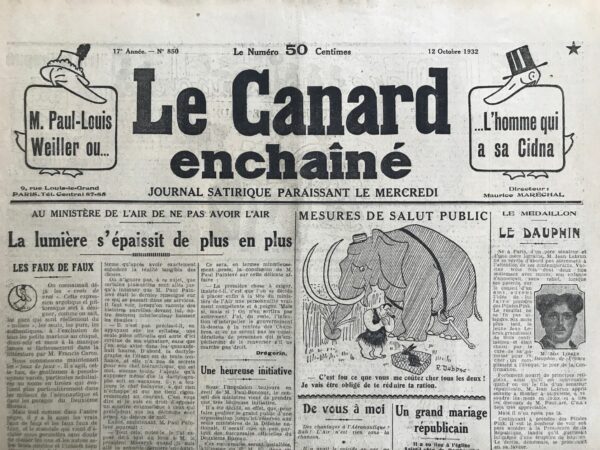 Couac ! | N° 850 du Canard Enchaîné - 12 Octobre 1932 | Nos Exemplaires du Canard Enchaîné sont archivés dans de bonnes conditions de conservation (obscurité, hygrométrie maitrisée et faible température), ce qui s'avère indispensable pour des journaux anciens. | 850 1