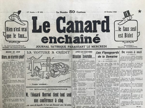 Couac ! | N° 851 du Canard Enchaîné - 19 Octobre 1932 | Nos Exemplaires du Canard Enchaîné sont archivés dans de bonnes conditions de conservation (obscurité, hygrométrie maitrisée et faible température), ce qui s'avère indispensable pour des journaux anciens. | 851