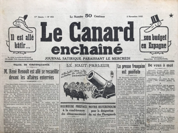 Couac ! | N° 853 du Canard Enchaîné - 2 Novembre 1932 | Nos Exemplaires du Canard Enchaîné sont archivés dans de bonnes conditions de conservation (obscurité, hygrométrie maitrisée et faible température), ce qui s'avère indispensable pour des journaux anciens. | 853