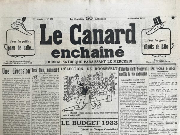 Couac ! | N° 855 du Canard Enchaîné - 16 Novembre 1932 | Nos Exemplaires du Canard Enchaîné sont archivés dans de bonnes conditions de conservation (obscurité, hygrométrie maitrisée et faible température), ce qui s'avère indispensable pour des journaux anciens. | 855