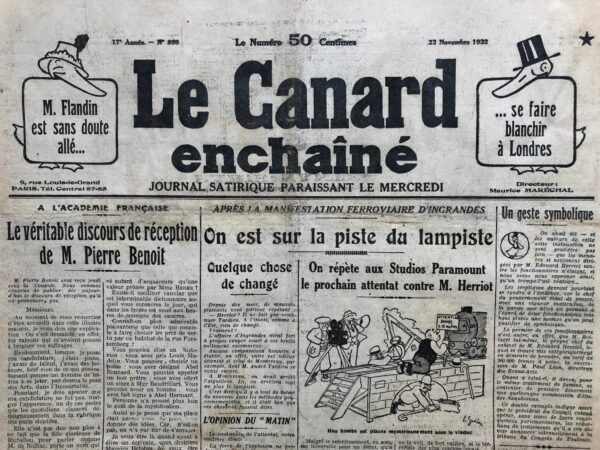 Couac ! | N° 856 du Canard Enchaîné - 23 Novembre 1932 |   Première apparition du personnage du "Lampiste" !! Le Canard enchaîné a vu la création, dans ses colonnes, de personnages devenus familiers, voire célèbres. Citons, par exemple, "le Bouif" de Georges de la Fouchardière, ou "l'ami Bidasse" d'André Guérin. Mais celui du "lampiste" est sans doute le plus fameux, car toujours utilisé. Le lampiste apparaît pour la première fois dans ce numéro 856 du 23 novembre 1932, à propos d'une tentative d'attentat ferroviaire des indépendantistes bretons de Célestin Lainé contre Edouard Herriot. Mais c'est le titre de l'article de Pierre Bénard, paru dans le numéro 903 du 18 octobre 1933, qui va le populariser, avec l'expression: "faisons payer le lampiste" !  A la base, le lampiste est un modeste employé des chemins de fer, préposé à l'entretien des lampes. Il va personnifier le français moyen, sorte de bouc émissaire, à qui on demande de se serrer la ceinture toujours davantage, bref celui qui trinque à la place des nantis.   | 856 1