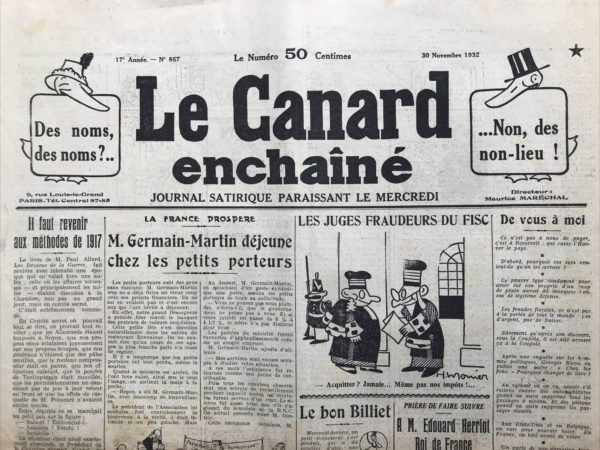 Couac ! | N° 857 du Canard Enchaîné - 30 Novembre 1932 | Nos Exemplaires du Canard Enchaîné sont archivés dans de bonnes conditions de conservation (obscurité, hygrométrie maitrisée et faible température), ce qui s'avère indispensable pour des journaux anciens. | 857