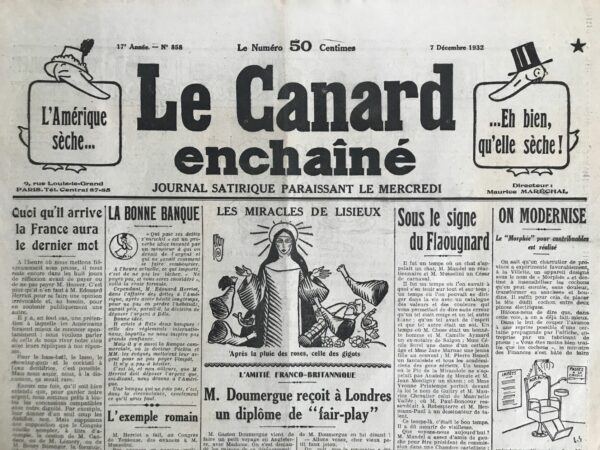 Couac ! | N° 858 du Canard Enchaîné - 7 Décembre 1932 | Nos Exemplaires du Canard Enchaîné sont archivés dans de bonnes conditions de conservation (obscurité, hygrométrie maitrisée et faible température), ce qui s'avère indispensable pour des journaux anciens. | 858