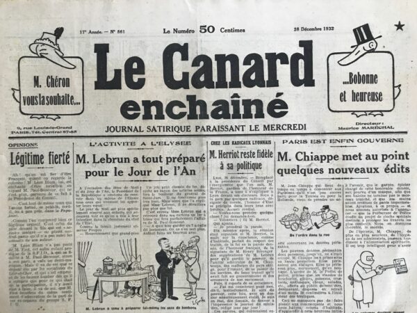 Couac ! | N° 861 du Canard Enchaîné - 28 Décembre 1932 | Nos Exemplaires du Canard Enchaîné sont archivés dans de bonnes conditions de conservation (obscurité, hygrométrie maitrisée et faible température), ce qui s'avère indispensable pour des journaux anciens. | 861