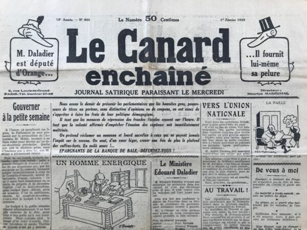 Couac ! | N° 866 du Canard Enchaîné - 1 Février 1933 | Nos Exemplaires du Canard Enchaîné sont archivés dans de bonnes conditions de conservation (obscurité, hygrométrie maitrisée et faible température), ce qui s'avère indispensable pour des journaux anciens. | 866