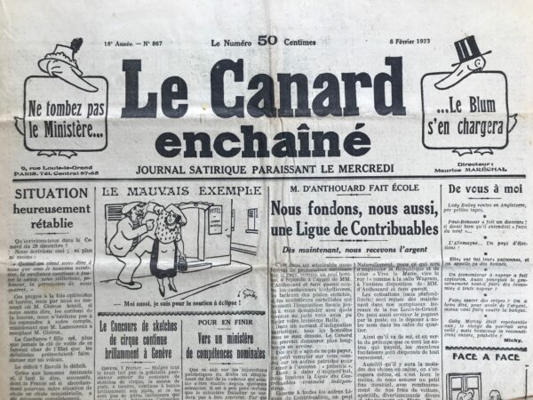 Couac ! | N° 867 du Canard Enchaîné - 8 Février 1933 | Nos Exemplaires du Canard Enchaîné sont archivés dans de bonnes conditions de conservation (obscurité, hygrométrie maitrisée et faible température), ce qui s'avère indispensable pour des journaux anciens. | 867