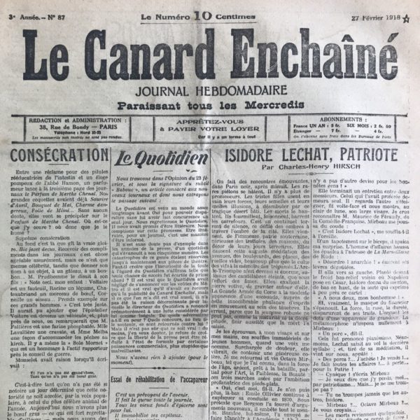 Couac ! | N° 87 du Canard Enchaîné - 27 Février 1918 | Nos Exemplaires du Canard Enchaîné sont archivés dans de bonnes conditions de conservation (obscurité, hygrométrie maitrisée et faible température), ce qui s'avère indispensable pour des journaux anciens. | 87