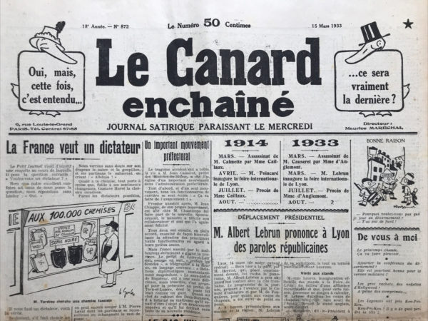 Couac ! | N° 872 du Canard Enchaîné - 15 Mars 1933 | Nos Exemplaires du Canard Enchaîné sont archivés dans de bonnes conditions de conservation (obscurité, hygrométrie maitrisée et faible température), ce qui s'avère indispensable pour des journaux anciens. | 872