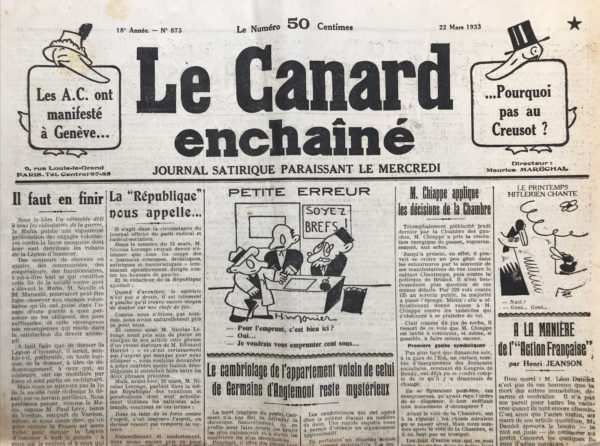 Couac ! | N° 873 du Canard Enchaîné - 22 Mars 1933 | Nos Exemplaires du Canard Enchaîné sont archivés dans de bonnes conditions de conservation (obscurité, hygrométrie maitrisée et faible température), ce qui s'avère indispensable pour des journaux anciens. | 873