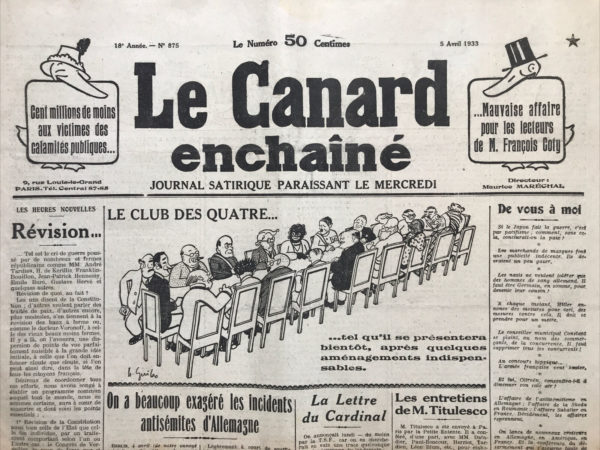 Couac ! | N° 875 du Canard Enchaîné - 5 Avril 1933 | Nos Exemplaires du Canard Enchaîné sont archivés dans de bonnes conditions de conservation (obscurité, hygrométrie maitrisée et faible température), ce qui s'avère indispensable pour des journaux anciens. | 875