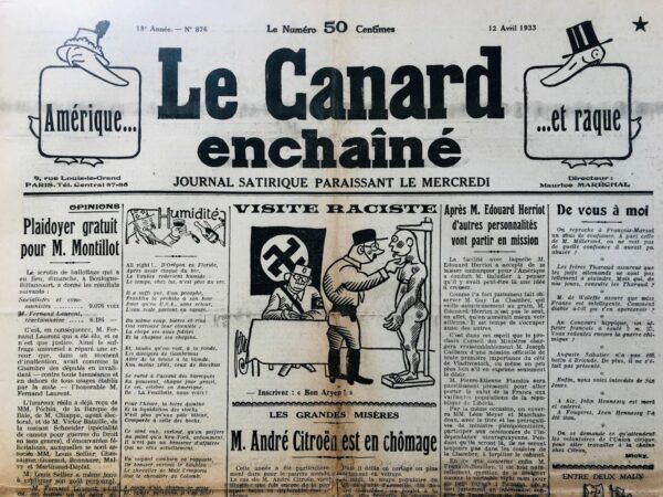 Couac ! | N° 876 du Canard Enchaîné - 12 Avril 1933 | Nos Exemplaires du Canard Enchaîné sont archivés dans de bonnes conditions de conservation (obscurité, hygrométrie maitrisée et faible température), ce qui s'avère indispensable pour des journaux anciens. | 876