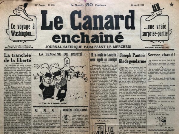 Couac ! | N° 878 du Canard Enchaîné - 26 Avril 1933 | Nos Exemplaires du Canard Enchaîné sont archivés dans de bonnes conditions de conservation (obscurité, hygrométrie maitrisée et faible température), ce qui s'avère indispensable pour des journaux anciens. | 878 1