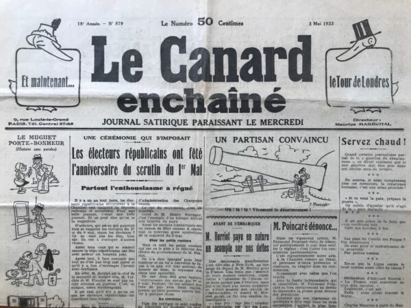 Couac ! | N° 879 du Canard Enchaîné - 3 Mai 1933 | Nos Exemplaires du Canard Enchaîné sont archivés dans de bonnes conditions de conservation (obscurité, hygrométrie maitrisée et faible température), ce qui s'avère indispensable pour des journaux anciens. | 879