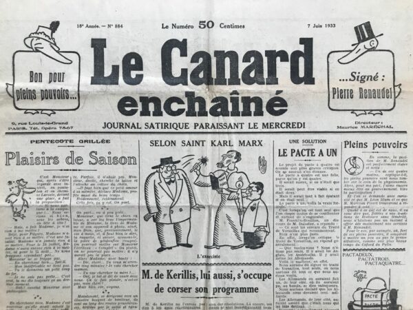 Couac ! | N° 884 du Canard Enchaîné - 7 Juin 1933 | Nos Exemplaires du Canard Enchaîné sont archivés dans de bonnes conditions de conservation (obscurité, hygrométrie maitrisée et faible température), ce qui s'avère indispensable pour des journaux anciens. | 884