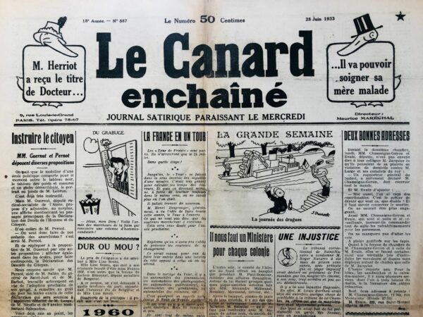 Couac ! | N° 887 du Canard Enchaîné - 28 Juin 1933 | Nos Exemplaires du Canard Enchaîné sont archivés dans de bonnes conditions de conservation (obscurité, hygrométrie maitrisée et faible température), ce qui s'avère indispensable pour des journaux anciens. | 887 rotated