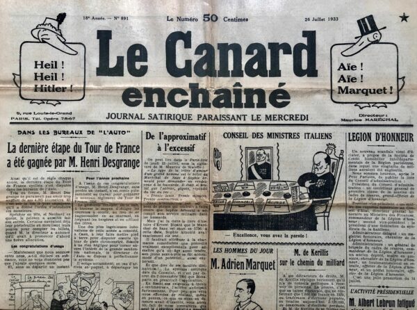 Couac ! | N° 891 du Canard Enchaîné - 26 Juillet 1933 | Nos Exemplaires du Canard Enchaîné sont archivés dans de bonnes conditions de conservation (obscurité, hygrométrie maitrisée et faible température), ce qui s'avère indispensable pour des journaux anciens. | 891