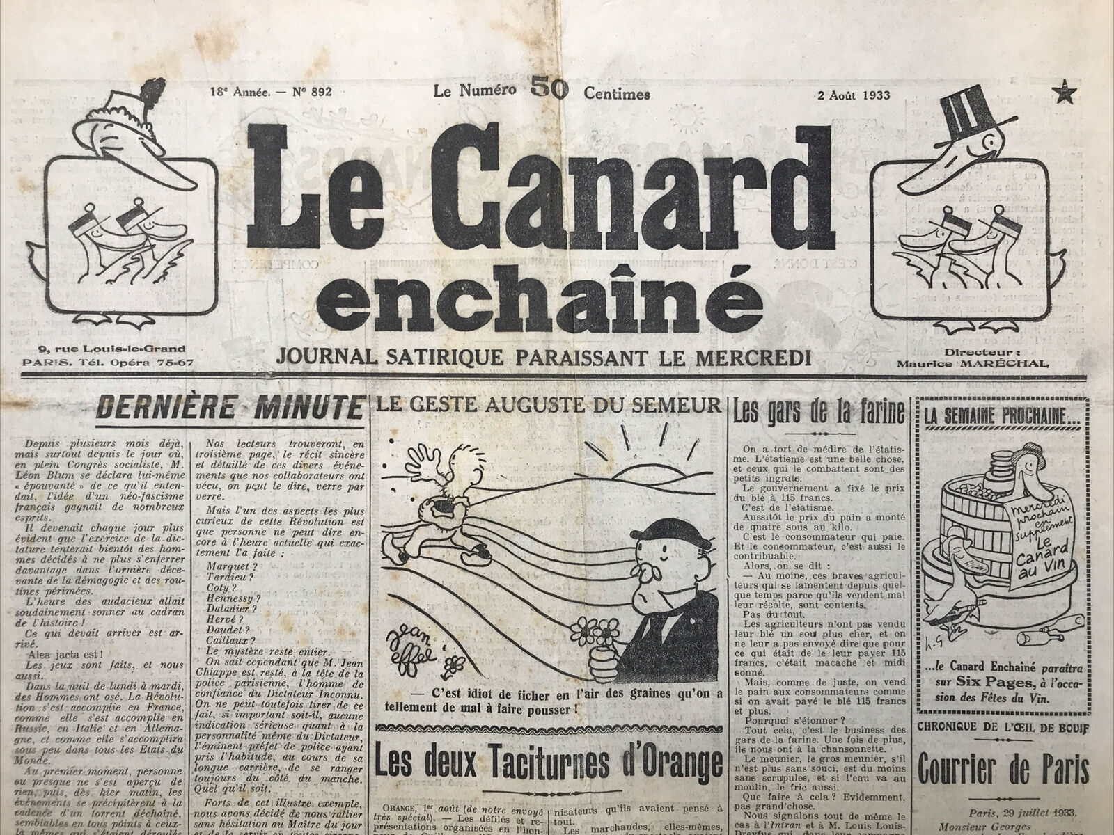 Couac ! | Acheter un Canard | Vente d'Anciens Journaux du Canard Enchaîné. Des Journaux Satiriques de Collection, Historiques & Authentiques de 1916 à 2004 ! | 892