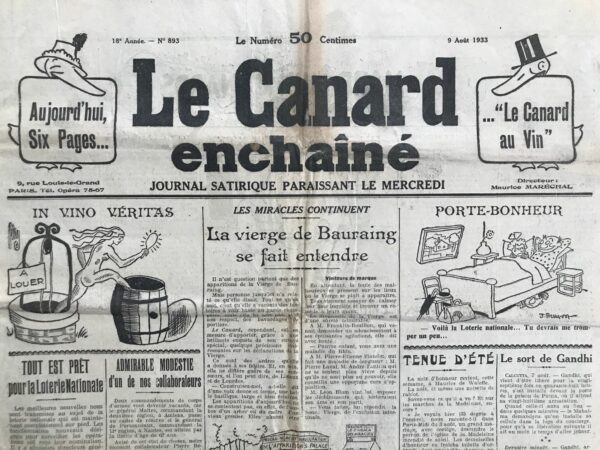 Couac ! | N° 893 du Canard Enchaîné - 9 Août 1933 | Nos Exemplaires du Canard Enchaîné sont archivés dans de bonnes conditions de conservation (obscurité, hygrométrie maitrisée et faible température), ce qui s'avère indispensable pour des journaux anciens. | 893