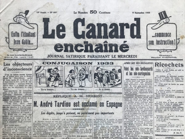 Couac ! | N° 897 du Canard Enchaîné - 6 Septembre 1933 | Nos Exemplaires du Canard Enchaîné sont archivés dans de bonnes conditions de conservation (obscurité, hygrométrie maitrisée et faible température), ce qui s'avère indispensable pour des journaux anciens. | 897