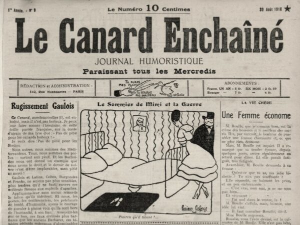 Couac ! | N° 9 du Canard Enchaîné - 30 Août 1916 | Rugissement Gaulois - L'article "Rugissement Gaulois" publié dans **Le Canard Enchaîné** du 30 août 1916, signé par Jean Richopin de "l'Aquadémie Française", est une satire mordante des discours patriotiques extrêmes publiés dans la grande presse de l'époque. En parodiant le style grandiloquent et belliqueux de certains auteurs, parfois académiques, Richopin critique l'exagération et l'hystérie qui caractérisent souvent ces publications. Richopin se moque des incitations à l'impitoyabilité envers les Allemands, qualifiés de "Boches". Il les dépeint avec des métaphores animales et grotesques, les comparant à des taupes enragées, des fauves, et des gorilles pédants, ce qui souligne l'absurdité et la déshumanisation présente dans les articles de propagande. En utilisant des images vives et des descriptions extravagantes, l'auteur ridiculise les appels à une haine aveugle et à une violence implacable. Il montre comment ces articles incitent à une férocité irrationnelle, en appelant les citoyens à ne pas être "plus sensibles, plus tendres qu'il ne faut" envers les Allemands. L'article se termine par une parodie des exhortations à continuer le combat avec une énergie exagérée, utilisant des expressions comme "hardi les gas" et "allons taïaut, taïaut". Par ce ton satirique, Richopin expose la futilité et l'absurdité de ces appels à la violence débridée, tout en critiquant les auteurs qui, en pleine guerre, enflamment les passions de manière irresponsable. | 9 4