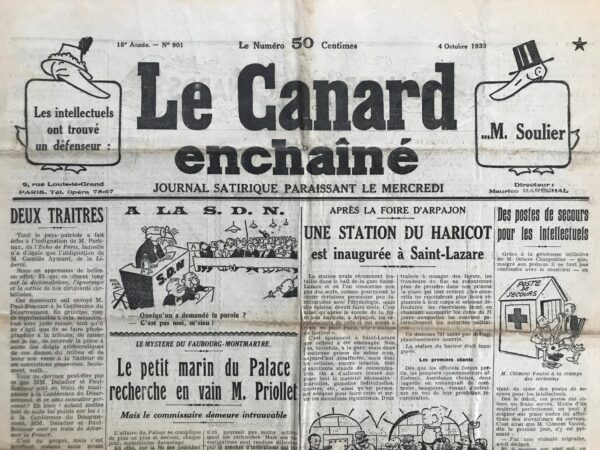 Couac ! | N° 901 du Canard Enchaîné - 4 Octobre 1933 | Nos Exemplaires du Canard Enchaîné sont archivés dans de bonnes conditions de conservation (obscurité, hygrométrie maitrisée et faible température), ce qui s'avère indispensable pour des journaux anciens. | 901