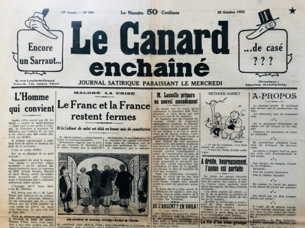 Couac ! | N° 904 du Canard Enchaîné - 25 Octobre 1933 | Nos Exemplaires du Canard Enchaîné sont archivés dans de bonnes conditions de conservation (obscurité, hygrométrie maitrisée et faible température), ce qui s'avère indispensable pour des journaux anciens. | 904 rotated