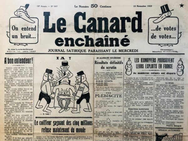 Couac ! | N° 907 du Canard Enchaîné - 15 Novembre 1933 | Nos Exemplaires du Canard Enchaîné sont archivés dans de bonnes conditions de conservation (obscurité, hygrométrie maitrisée et faible température), ce qui s'avère indispensable pour des journaux anciens. | 907 1 rotated