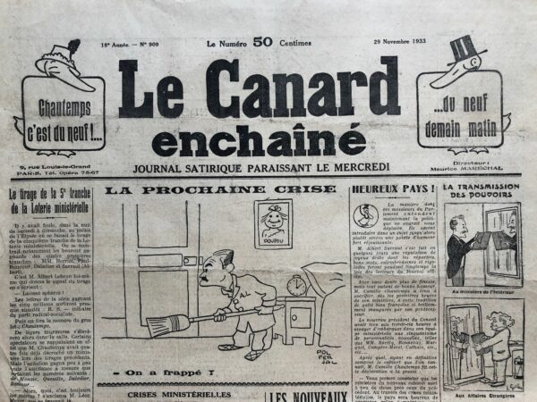 Couac ! | N° 909 du Canard Enchaîné - 29 Novembre 1933 | Nos Exemplaires du Canard Enchaîné sont archivés dans de bonnes conditions de conservation (obscurité, hygrométrie maitrisée et faible température), ce qui s'avère indispensable pour des journaux anciens. | 909 1