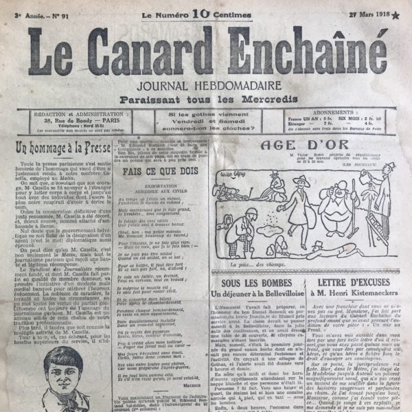 Couac ! | N° 91 du Canard Enchaîné - 27 Mars 1918 | Age d'or, la paix des champs, dessin de Lucien Laforge. Pour favoriser l’accroissement de la production agricole, en cette période d’intenses restrictions, Victor Boret, ministre de l’Agriculture et du ravitaillement, dépose trois projets de loi le 19 mars 1918, et toute la presse s’en fait l’écho dès le lendemain, sans plus d’analyse critique ni de commentaires, en noircissant ses colonnes du seul contenu des projets.  Le troisième projet de loi consiste en la création d’un « corps auxiliaire agricole », ayant pour but « d’affecter obligatoirement aux travaux agricoles, les oisifs et les chômeurs ». Il sera constitué par voie de réquisition, à partir de listes constituées d’hommes de 15 à 50 ans, de nationalité française, alliée ou neutre et non incorporables. Cette perspective inspire la vision d’un âge d’or à Lucien Laforge, dont le dessin figure en Une du Canard Enchaîné. Une commission sera chargée d’écarter les jeunes gens poursuivant des études, les hommes exerçant une profession « utile » au pays, et les hommes inaptes à tout travail agricole. Les hommes n’entrant pas dans ces catégories et par conséquent retenus, formeront dans chaque département une compagnie, encadrée par des officiers et des gradés désignés par le ministre de la guerre. Le journal L’Écho de Paris précise à ses lecteurs, que « le recensement des oisifs n’a jamais été effectué » et que « le nombre de chômeurs est sujet à des variations sensibles d’un mois sur l’autre ». Il n’est toutefois « pas douteux que l’apport de cette main d’œuvre serait d’un réel secours » et que « la levée des récoltes n’exige pas absolument des hommes expérimentés ». En juin, la Chambre va être amenée à discuter du projet de loi Boret. « Le Journal » précise que l’initiative de Victor Boret part d’un bon naturel et d’un « sens averti des nécessités de l’heure ». Mais qu’il est manifeste que le projet a été élaboré à la hâte, car le temps presse. En effet, pour ce qui est des hommes de nationalité « alliée ou neutre », on n’a point songé à interroger le ministère des affaires étrangères, qui fait connaître qu’un grand nombre de pays affranchissent leurs ressortissants de toute réquisition… Plus grave, toujours selon « Le Journal », c’est parmi les citadins que l’on recrutera ce corps auxiliaire agricole. Mais que fournirait une « cohorte hétérogène et improvisée où se coudoieront tous les âges, tous les métiers et tempéraments ? ». Le groupe de la défense paysanne fait ressortir « qu’elle rendrait peu de services, qu’il est dangereux de prendre dans les villes des chômeurs, de moralité parfois douteuse, pour les envoyer dans les fermes où il n’y a plus guère que des femmes, … » Il déclare aussi qu’il serait bien préférable d’utiliser les vieux agriculteurs travaillant dans les usines. Par ailleurs, le projet du gouvernement exclue de la réquisition les hommes qui ont une profession « utile au pays ». Quelle profession peut-on déclarer inutile au pays ? « Va-t-on envoyer un éminent assyriologue lier les gerbes, sous prétexte que les faits et gestes de Tiglath-Phalazar III sont sans intérêt pour la défense nationale ? » La commission d’administration générale, par la voix de son rapporteur le député Henri Queuille, retoque le projet de Loi et soumet à la Chambre une simple proposition de « recensement des oisifs volontaires et involontaires ». Oisifs et assyriologues pourront retourner à leurs occupations, … ouf ! | 91