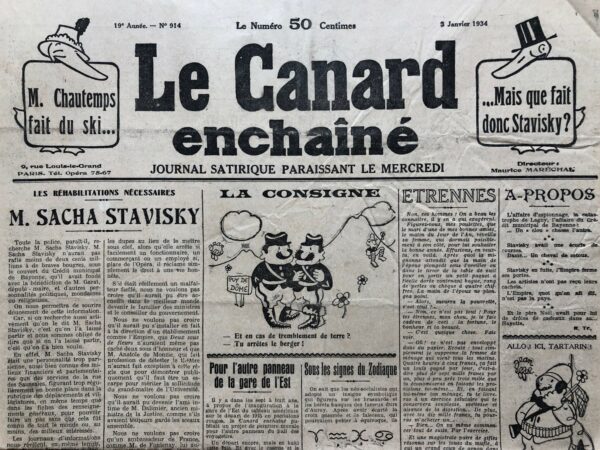 Couac ! | N° 914 du Canard Enchaîné - 3 Janvier 1934 | L'article de Pierre Bénard juste avant la disparition de Sacha Stavisky, au centre d'un des scandales politico-financiers majeurs du XX° siècle. Ses protecteurs deviennent ses accusateurs, qu'une disparition pour le moins expéditive et mystérieuse lave de tout soupçon. La semaine suivante le Canard titre "Stavisky se suicide d'un coup de revolver qui lui a été tiré à bout portant", titre demeuré célèbre. Alors que la presse fait bloc autour de Stavisky après l'affaire du crédit Municipal de Bayonne, Bénard ironise autour d'un milieu politico-médiatique l'ayant jusque là porté en haute estime. Il s'agit de l'exemplaire original de 4 pages, non du fac simile diffusé ultérieurement sur 2 pages. | 914 1