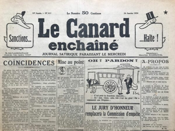 Couac ! | N° 917 du Canard Enchaîné - 24 Janvier 1934 | "Où Chiappe superveille !", paru dans le Canard Enchaîné du 24 janvier 1934 - Dans cet article satirique, Henri Jeanson critique de manière acerbe l'ancien préfet de police de Paris, **Jean Chiappe**, en se moquant de ses déclarations concernant sa surveillance du célèbre escroc **Alexandre Stavisky**. Chiappe aurait affirmé qu'il surveillait Stavisky depuis dix ans. Jeanson tourne cette affirmation en dérision, se demandant ce qui aurait pu arriver si Chiappe n'avait pas été là pour "surveiller" Stavisky pendant cette période. L'auteur utilise un ton ironique pour souligner l'inefficacité et l'inutilité de cette surveillance prétendue, suggérant que, malgré cette "vigilance", Stavisky a pu mener à bien ses activités criminelles sans entrave. Jeanson exagère cette situation en imaginant toutes sortes d'activités criminelles que Stavisky aurait pu mener encore plus librement sans la "supervision" de Chiappe. Il insiste sur le fait que, sous cette surveillance, Stavisky a réussi à escroquer des millions et à s'entourer de personnalités influentes, ce qui rend la déclaration de Chiappe d'autant plus ridicule. Jeanson conclut en soulignant l'absurdité de la situation avec un humour noir, se demandant à quoi aurait servi Chiappe si ce n'est à "superveiller" inutilement. En résumé, l'article est une critique virulente de l'inefficacité des autorités et de leurs tentatives de justifier leur inaction ou leur échec dans la prévention de crimes majeurs, tout en mettant en lumière l'hypocrisie et l'incapacité des responsables politiques de l'époque à assumer leurs responsabilités. | 917