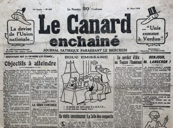 Couac ! | N° 925 du Canard Enchaîné - 21 Mars 1934 | Le verdict d'Aix ou topaze l'innocent- Bonjour monsieur Langeron ! Maintenant que la chambre est fermée… objectifs à atteindre, par Jules Rivet - les heureuses innovations : pour les déjeuners d'affaires - monsieur Raymond patenôtre est prêt à s'expliquer - les réhabilitations nécessaires : l'escroc, Par Pierre Bénard - la lune de miel de Pola Négri - Quand l'escroc comparaît… par René Buzelin - un démenti final de Mr Jean Chiappe - Bayonne Paris : le joyeux transfert à la Santé des hôtes de la villa chagrin - Une audience mouvementée, par R. Tréno – | 925 1