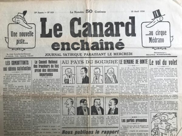 Couac ! | N° 929 du Canard Enchaîné - 18 Avril 1934 | Alexandre ou la réhabilitation du feuilleton, par Jean Galtier-Boissière - Sur fond d'affaire Stavisky, Jean Galtier-Boissière fait une satire acerbe de la justice, de la police et du sensationnalisme médiatique de l'époque. Il dépeint une série d'événements tragiques et scandaleux, inspirés des affaires criminelles de l'époque, pour critiquer les dysfonctionnements du système judiciaire et policier français. En utilisant un ton ironique et sarcastique, l'auteur souligne les absurdités et les incohérences du système judiciaire et policier de son époque. Les nombreux suicides, assassinats et scandales impliquant des personnalités influentes mettent en lumière la corruption, la complicité et l'incompétence des autorités chargées de faire respecter la loi.De plus, l'auteur critique le sensationnalisme des médias, qui exploitent ces affaires pour augmenter leurs tirages et leurs audiences, sans se soucier des conséquences sur la société. Il met en évidence la tendance du public à devenir blasé face à la violence et aux scandales, ce qui conduit à une banalisation de la criminalité et à une indifférence généralisée face aux véritables problèmes de société. En résumé, ce texte dénonce de manière satirique les failles et les dérives du système judiciaire, policier et médiatique de l'époque, tout en mettant en lumière les questions plus larges liées à la moralité et à l'éthique dans la société. | 929