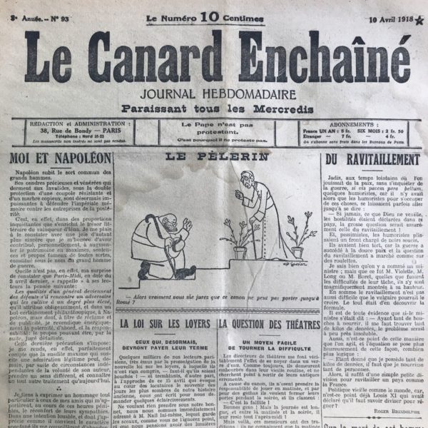 Couac ! | N° 93 du Canard Enchaîné - 10 Avril 1918 | Sur la mort de cet homme, par Henri Béraud - Denis Laloë, né en 1803, vient de s'éteindre "muni d'une fistule, d'une bouche sans dents et des sacrements de l'Eglise". | 93