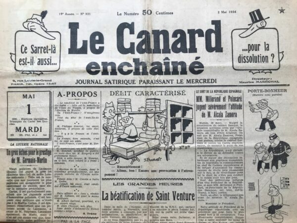 Couac ! | N° 931 du Canard Enchaîné - 2 Mai 1934 | Attention à la peinture, par Jean Galtier-Boissière - JGB brosse un portrait satirique et ironique du monde de la peinture à l'époque, mettant en lumière les travers et les conventions qui régissent les Salons artistiques parisiens. Il dépeint d'abord une scène typique d'un vernissage, où les artistes et les mondains se côtoient dans un rituel social mondain, avec des conversations superficielles sur les dernières œuvres des peintres en vogue. Il critique ensuite le manque d'originalité et le conformisme des tableaux exposés, décrivant des scènes clichées et des sujets récurrents comme les portraits de nobles, les scènes de genre et les nus suggestifs. Il ironise sur le fait que le public semble préférer la répétition des mêmes motifs plutôt que l'innovation artistique. Il se moque également des stratégies des artistes pour se faire un nom dans le milieu de l'art, soulignant la nécessité de choisir un genre spécifique et de s'y tenir toute sa carrière pour acquérir une clientèle fidèle. JGB raille aussi les artistes excentriques qui cherchent à se démarquer en exposant des œuvres audacieuses parmi les tableaux conventionnels, soulignant ainsi le contraste entre l'ancienne garde et les nouveaux mouvements artistiques. Enfin, il évoque la figure de Van Dongen, un artiste renommé de l'époque, en soulignant son style de vie bohème et ses réceptions mondaines peu conventionnelles. Il dépeint avec humour les extravagances de l'artiste et les folies du monde de l'art à une époque marquée par les nouveaux riches et l'inflation. JGB offre un regard caustique et perspicace sur le monde de la peinture à travers une série de vignettes satiriques et ironiques. | 931