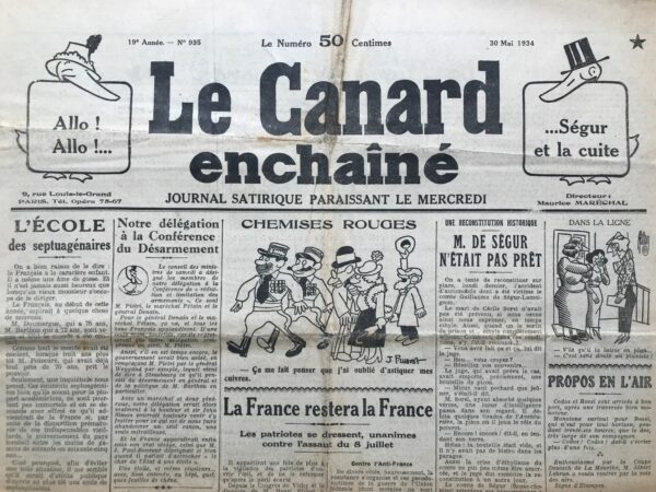 Couac ! | N° 935 du Canard Enchaîné - 30 Mai 1934 | VINGT ANS APRÈS... par Jean Galtier-Boissière - L'article de Jean Galtier-Boissière,  offre une critique cinglante de la politique française de l'époque, à travers une comparaison entre les tensions politiques en 1934 et celles qui avaient précédé la Première Guerre mondiale en 1914. L'auteur commence par rapporter une déclaration du ministre des Affaires étrangères, Barthou, affirmant que la situation politique en 1934 est plus grave qu'en 1914. Cette assertion est présentée de manière ironique, suggérant une forme d'aveuglement ou d'indifférence de la part des autorités politiques face aux leçons de l'histoire. Galtier-Boissière évoque ensuite les événements de la Première Guerre mondiale, critiquant la politique belliciste et les intérêts économiques qui ont contribué au déclenchement du conflit. Il souligne le retour au pouvoir des mêmes figures politiques et économiques, qui réclament à nouveau une augmentation des crédits militaires et la réintroduction des retraites militaires. L'article dénonce également la manipulation de l'opinion publique par les médias et la propagande, notamment à travers la création d'un nouveau « péril » allemand et la mise en avant de la question de la Sarre pour entretenir les tensions entre la France et l'Allemagne. Enfin, Galtier-Boissière cite les propositions de Ford pour dissuader les profiteurs de guerre, suggérant que leur responsabilité dans un éventuel conflit devrait être clairement établie et sanctionnée. Dans l'ensemble, l'article dépeint un tableau sombre de la situation politique et économique de l'époque, mettant en lumière les intérêts particuliers qui alimentent les tensions internationales et les risques de conflit. | 935