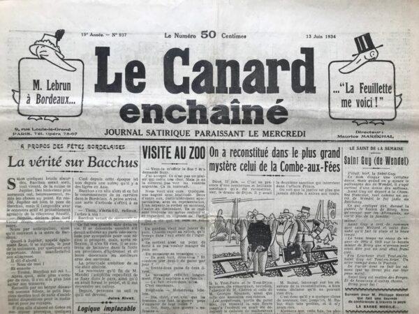 Couac ! | N° 937 du Canard Enchaîné - 13 Juin 1934 | LE GÉNÉRAL DE CASTELNAU CONTRE « L'INTERNATIONALE DES MUNITIONNAIRES », par Jean Galtier-Boissière - L'article présenté, supposément écrit par le général de Castelnau et publié dans Le Canard Enchaîné en 1934, condamne fermement les activités des « munitionnaires » et dénonce leur rôle dans le commerce international des armes, mettant ainsi en péril la sécurité nationale et la paix. Le général de Castelnau commence par rappeler les erreurs du passé, où certains fournisseurs français ont commercé avec des ennemis potentiels, notamment en fournissant des armes à l'Allemagne avant la Première Guerre mondiale. Il souligne également les pratiques douteuses de certains industriels français pendant la guerre, comme la fourniture de produits chimiques essentiels à l'ennemi. L'article met en lumière les liens étroits entre les industriels français et allemands, ainsi que les pratiques commerciales opaques qui ont perduré même après la guerre. Il dénonce également l'implication de certains magnats de l'industrie dans des scandales financiers et des transactions louches, mettant en danger la sécurité nationale. Le général de Castelnau exprime son inquiétude quant à l'avenir et appelle à une action vigoureuse contre les munitionnaires internationaux qui compromettent la défense nationale par pur profit financier. Il condamne également la célébration publique des individus impliqués dans de telles pratiques, soulignant le caractère dangereux de leur influence sur la politique et la sécurité du pays. En conclusion, l'article appelle à la vigilance et à la mobilisation contre les intérêts mercantiles qui menacent la souveraineté et la sécurité de la France, affirmant la primauté de l'intérêt national sur les intérêts financiers privés. | 937