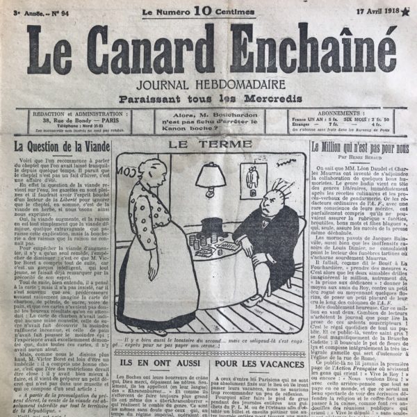 Couac ! | N° 94 du Canard Enchaîné - 17 Avril 1918 | Le Million qui n'est pas pour nous, par Henri Béraud - Les souscriptions organisées par L'Action Française ne sont plus là pour offrir des effets de laine aux poilus, mais pour offrir aux aumôniers militaires des "autels de campagne".... | 94