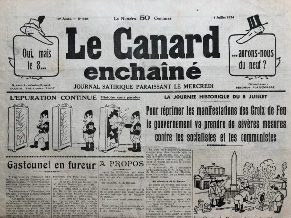 Couac ! | N° 940 du Canard Enchaîné - 4 Juillet 1934 | QUE FAISIEZ-VOUS AUX TEMPS CHAUDS ? Dans cet extrait, Galtier-Boissière critique de manière cinglante plusieurs personnalités publiques qui, malgré leur posture patriote actuelle, n'ont pas pris part à l'effort de guerre pendant la Première Guerre mondiale. Philippe Henriot est qualifié de tonitruant et de grand patriote, mais l'auteur souligne qu'il n'a pas été mobilisé pendant la guerre de 1914-1918, restant ainsi à l'écart de l'effort national alors que d'autres Français se battaient pour la patrie. Paul Morand, célèbre écrivain, est également critiqué pour son changement de ton, passant de la description des vices mondains à un patriotisme virulent. L'auteur remet en question sa légitimité à parler de sacrifice et d'engagement patriotique, étant donné qu'il n'a pas participé à la guerre. Paul Iribe, un artiste et dessinateur renommé, est également visé par les critiques. L'auteur souligne qu'Iribe résidait aux États-Unis pendant la guerre, vendant des robes ou des tableaux, alors que d'autres se battaient sur les champs de bataille. En résumé, l'auteur dénonce l'hypocrisie de ces personnalités qui prêchent le patriotisme et l'engagement alors qu'ils ont évité le service militaire ou vécu à l'étranger pendant la guerre. Il met en lumière le contraste entre leurs discours actuels et leur comportement passé, soulignant ainsi leur manque de légitimité à parler au nom de la patrie.   | 940