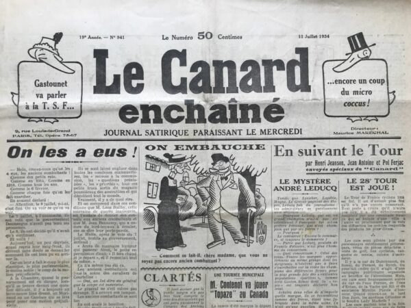 Couac ! | N° 941 du Canard Enchaîné - 11 Juillet 1934 | DES CHEMISES BRUNES AU PETITS LITS BLANCS - Dans cet article cinglant de Jean Galtier-Boissière, il expose l'hypocrisie des réactions de la presse française, qu'elle soit de droite ou de gauche, face à l'épuration des sections d'assaut hitlériennes par Hitler. Galtier-Boissière souligne l'absurdité de la réprobation générale de ces exécutions, notamment de la part des journaux d'extrême-gauche, qui n'ont aucune raison de s'émouvoir de la disparition de figures telles que Roehm ou Heines. De même, il critique l'incohérence des journaux de droite qui, tout en défendant les valeurs nationalistes, condamnent ces actes d'épuration. Il fait également état d'une conversation avec un Allemand, ancien combattant, qui met en avant l'argument selon lequel ces exécutions relèvent d'une période révolutionnaire en Allemagne et rappelle les violences révolutionnaires passées en France, telles que la Terreur pendant la Révolution française ou la répression de la Commune de Paris. Cette perspective étrangère soulève des questions sur l'objectivité de la presse française et son traitement de l'actualité allemande. Enfin, Galtier-Boissière soulève ironiquement la possibilité que ces événements puissent servir à réhabiliter des figures politiques déchues, comme le Kaiser allemand, sous l'influence de la presse manipulée par des intérêts politiques.   | 941