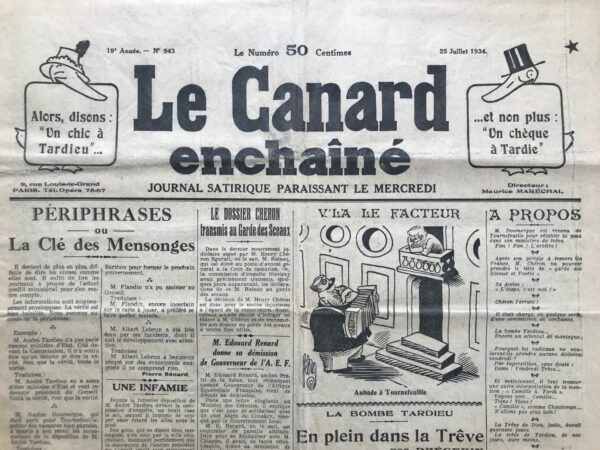 Couac ! | N° 943 du Canard Enchaîné - 25 Juillet 1934 | PLUS ÇA CHANGE.. -  Dans cet article, Jean Galtier-Boissière nous transporte dans le monde fascinant et sombre du célèbre Vidocq, mêlant récit biographique et réflexions sur la nature de la police et de la criminalité au cours des siècles. Il dépeint Vidocq comme un personnage aux multiples facettes, passant de la délinquance à la rédemption en devenant chef de la Police parisienne. L'auteur met en lumière les méthodes peu orthodoxes de la police à l'époque de Vidocq, où la délation et la provocation étaient monnaie courante. Il souligne les similitudes troublantes entre le passé et le présent, suggérant que malgré le passage du temps et les changements politiques, les pratiques de la police et les liens avec la criminalité persistent. En évoquant des affaires plus contemporaines comme celle de Stavisky, Galtier-Boissière pose la question implicite de savoir si les leçons du passé ont été retenues et si les abus de pouvoir et les connivences entre la police et les criminels persistent encore aujourd'hui. Ainsi, à travers l'histoire de Vidocq et les réflexions de l'auteur, l'article offre une analyse critique de la nature humaine et des institutions qui régissent la société, invitant le lecteur à réfléchir sur la permanence des problèmes moraux et éthiques dans le domaine de la justice et de la sécurité publique. | 943