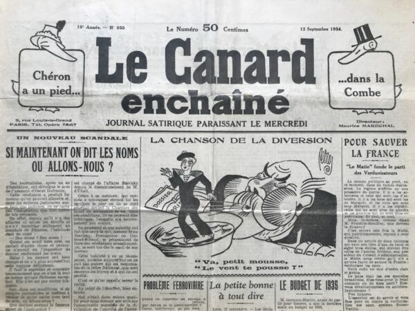 Couac ! | N° 950 du Canard Enchaîné - 12 Septembre 1934 | POIRET CHÔMEUR ou Grandeur et décadence d'un Roi de Paris - de Jean Galtier-Boissière - Paul Poiret était un homme aux talents multiples, passant avec succès d'un métier à un autre, de la modélisation à la couture, de la mise en scène à l'écriture. Il a révolutionné le monde de la mode avec des créations audacieuses comme la jupe-culotte et a marqué son époque en tant que personnalité incontournable de la vie parisienne. Malgré ses succès et sa renommée, Poiret a également connu des revers financiers importants. Son manque de sens des affaires l'a conduit à la ruine, le privant de ses biens et de son train de vie luxueux. Cependant, même dans l'adversité, Poiret a conservé son sang-froid et son attitude impertinente, refusant de se laisser abattre par les difficultés. L'anecdote sur son intervention lors d'un contrôle militaire, où il a prétendu que la guerre était terminée pour passer sans encombre, illustre son caractère audacieux et son mépris des conventions sociales. Malgré ses épreuves, Poiret reste un exemple de personnalité forte et indomptable, qui a su faire face aux défis avec dignité et panache. Son histoire rappelle que la grandeur et la décadence ne sont pas nécessairement définies par la richesse matérielle, mais plutôt par la force intérieure et le caractère d'une personne.   | 950