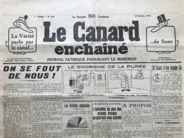 Couac ! | N° 954 du Canard Enchaîné - 10 Octobre 1934 | NUL N'EST PROPHÈTE - L'article signé jean Galtier-Boissière, paru dans Le Canard Enchaîné le 10 octobre 1934, revient sur les prédictions prophétiques de Francis Delaisi, un militant syndicaliste et économiste européen renommé. En 1911, Delaisi avait écrit un ouvrage intitulé "La guerre qui vient", dans lequel il prévoyait avec une stupéfiante lucidité les tensions politiques en Europe. Delaisi affirmait que, malgré le désir de paix des peuples, ce sont les hommes d'affaires qui dirigent la politique extérieure, cherchant à assurer des débouchés à leurs produits et capitaux. Il soulignait que l'Angleterre, inquiète du développement industriel allemand, cherchait à "encercler" l'Allemagne et à s'assurer le soutien de l'armée française pour ses propres intérêts économiques. Il dénonçait le rôle des financiers et des marchands d'armes dans la préparation des conflits, mettant en garde contre les manipulations de la presse pour préparer l'opinion publique à la guerre. Delaisi concluait en appelant à un réveil de la conscience populaire pour empêcher la guerre, en instruisant les gens sur les véritables enjeux économiques derrière les discours nationalistes. Il exhortait les personnes de cœur à dire la vérité et à s'opposer aux intérêts des financiers et des marchands d'armes. L'article souligne la pertinence des prédictions de Delaisi, alors que l'Europe se trouvait à nouveau au bord du conflit. Il annonce également que Delaisi a formulé de nouvelles prévisions pour 1935, suscitant l'espoir que ses avertissements seront entendus cette fois-ci...   | 954 1