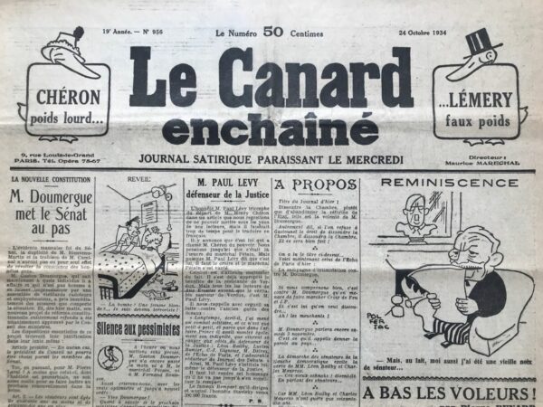 Couac ! | N° 956 du Canard Enchaîné - 24 Octobre 1934 | PETITE HISTOIRE DES SERBES Cours élémentaire - Cet article de Jean Galtier-Boissière, intitulé "PETITE HISTOIRE DES SERBES - Cours élémentaire", publié dans Le Canard Enchaîné le 24 octobre 1934, offre une perspective caustique et ironique sur l'histoire politique tumultueuse de la Serbie, en mettant en lumière les luttes de pouvoir, les complots et les tragédies qui ont jalonné son passé. Galtier-Boissière commence par dépeindre un tableau sombre de l'histoire serbe, caractérisée par une série d'assassinats politiques et de rivalités entre les familles royales Obrenovitch et Karageorgevitch. Il souligne l'instabilité politique chronique du pays, où la mort violente des monarques est devenue une habitude. L'article offre ensuite un récit vivant des intrigues de pouvoir et des conflits familiaux qui ont marqué l'histoire serbe, avec des descriptions colorées des personnages clés et de leurs actions. Il met en lumière le rôle de la société secrète "La Main noire" et de son chef, le colonel Apis, dans l'organisation d'attentats politiques et la manipulation des événements pour servir les intérêts serbes. Galtier-Boissière critique également les conséquences désastreuses des traités de paix de la Première Guerre mondiale sur les peuples des Balkans, soulignant le paradoxe selon lequel la quête de l'indépendance a souvent abouti à une oppression encore plus grande. Il met en garde contre les tentatives de manipulation politique et les conséquences tragiques des conflits armés, tout en appelant à une prise de conscience collective sur les véritables enjeux et responsabilités des dirigeants politiques. En conclusion, l'article offre une analyse incisive de l'histoire serbe et de ses implications pour l'Europe contemporaine, tout en exprimant une critique satirique de la politique internationale et des ambitions nationalistes qui ont alimenté les conflits du passé.   | 956